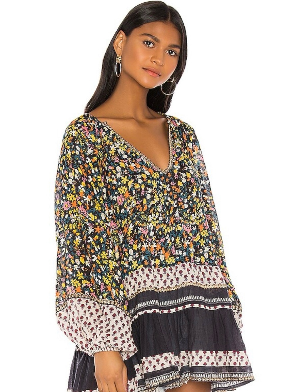 Free People Gardenia Tunic Dress Medium Black Combo Floral Sequin Boho NWOT